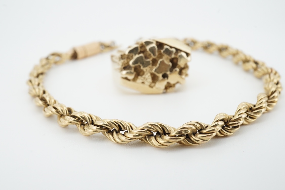 A 14k ring, size S, together with a damaged 14k rope twist chain, 15.4 grams.